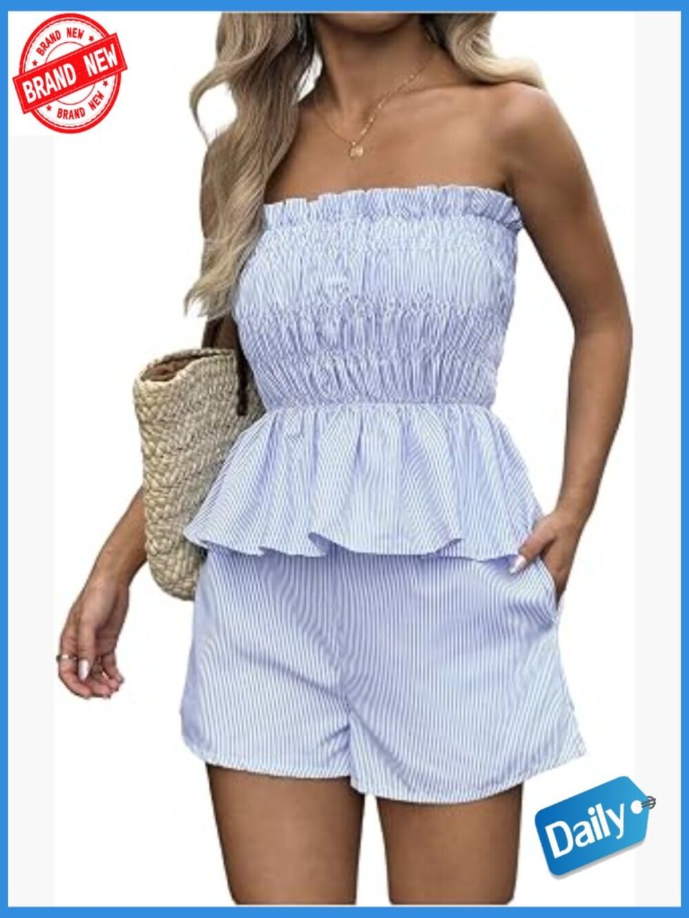 Women's 2 Piece Summer Vacation Outfits Striped Peplum Ruffle Hem Tube Tops and